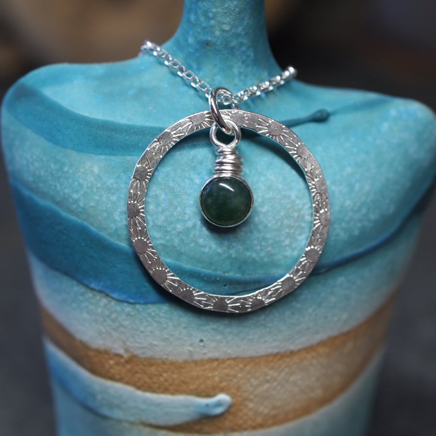 Green Moss Agate Silver Ring Pendant, Silver Necklace