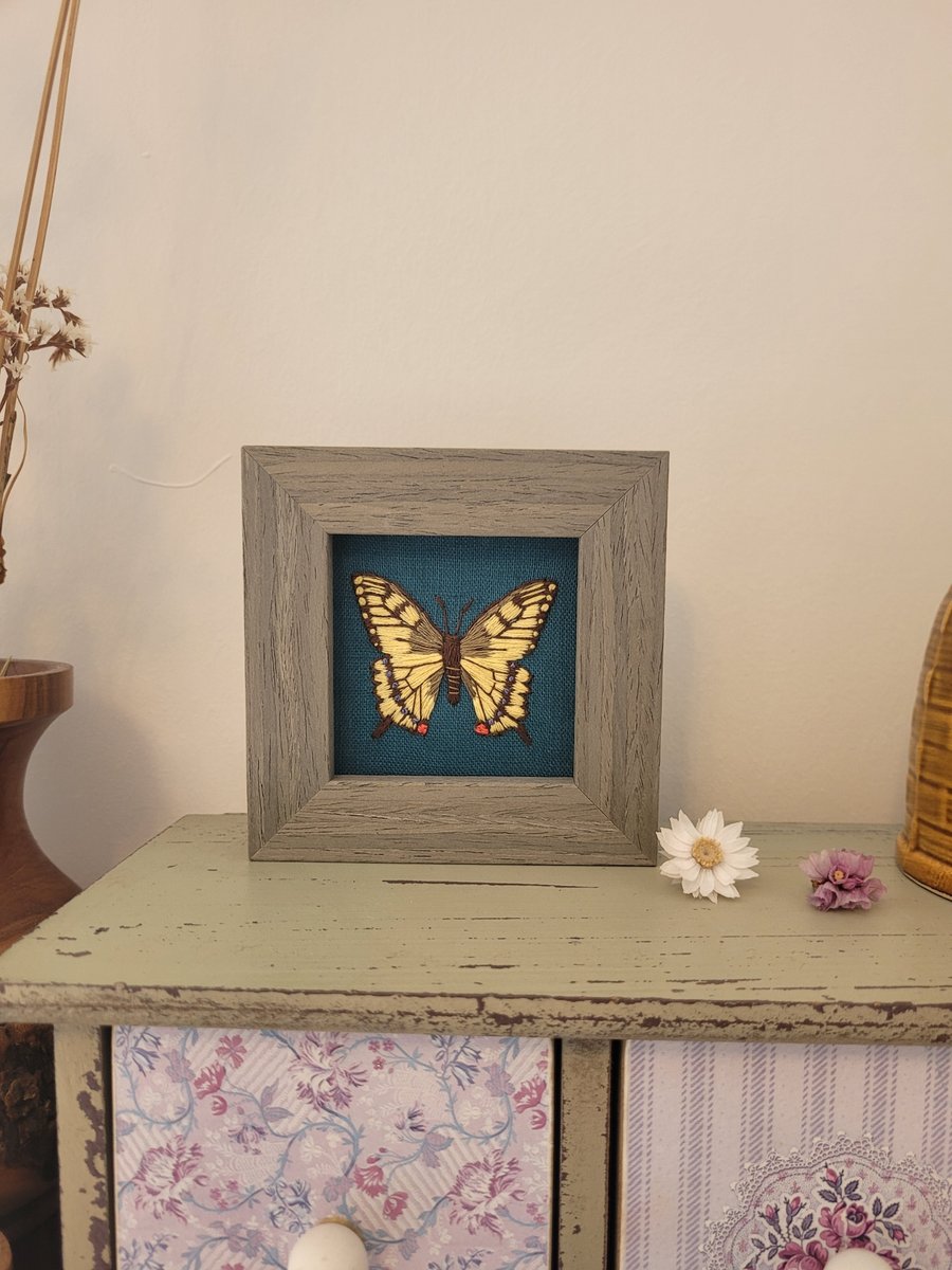 Hand embroidered - Swallowtail Butterfly on Linen
