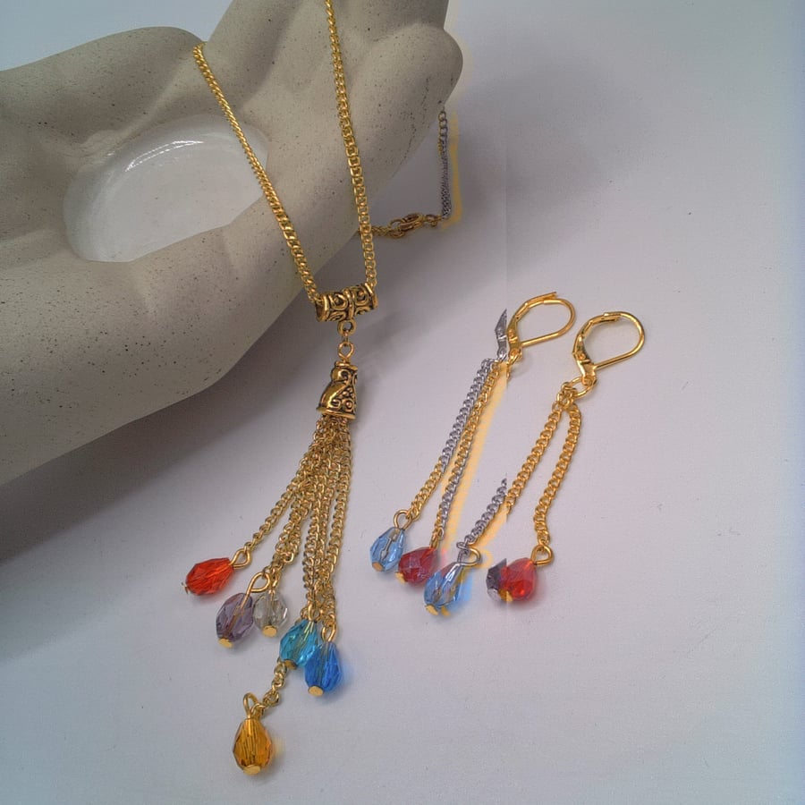 Gold Plated Chain with Multi Coloured Crystal Dangles & Earrings, Gift for Her