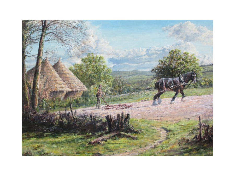Spring Landscape Art Card - Heavy Horse Vintage Farming Scene