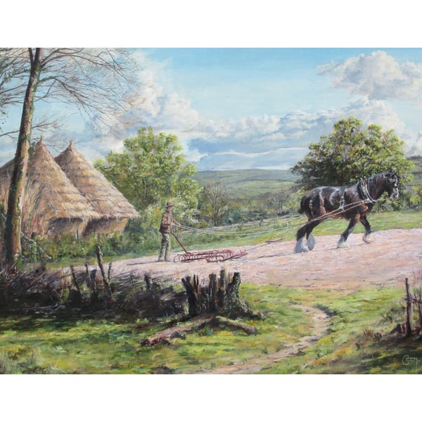 Spring Landscape Art Card - Heavy Horse Vintage Farming Scene
