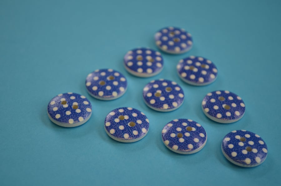 15mm Wooden Spotty Buttons Dark Blue With White Dots 10pk Spot Dot (SSP15)