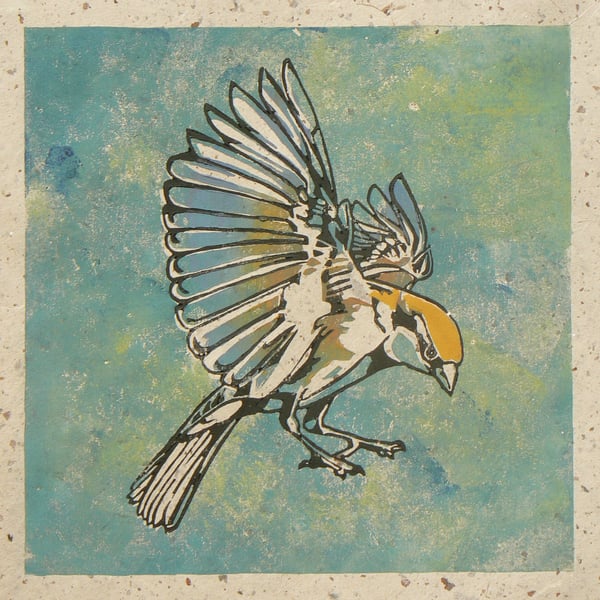 Incoming Sparrow linocut print