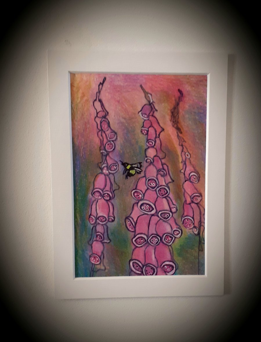 Foxgloves and Bumble bee original mounted coloured drawing 