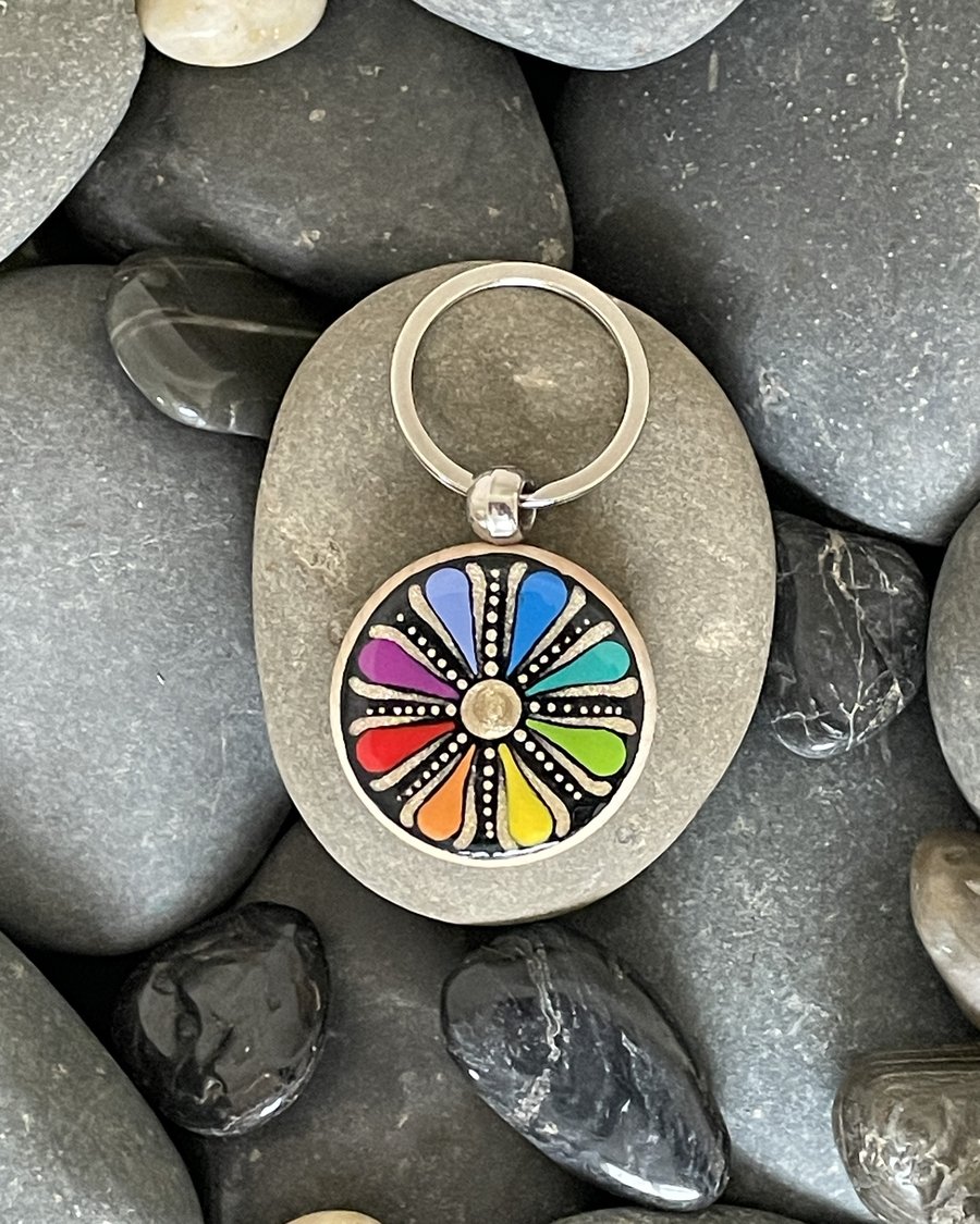 Hand Painted Keyring Mandala Acrylic Painting on Wood Original & Unique