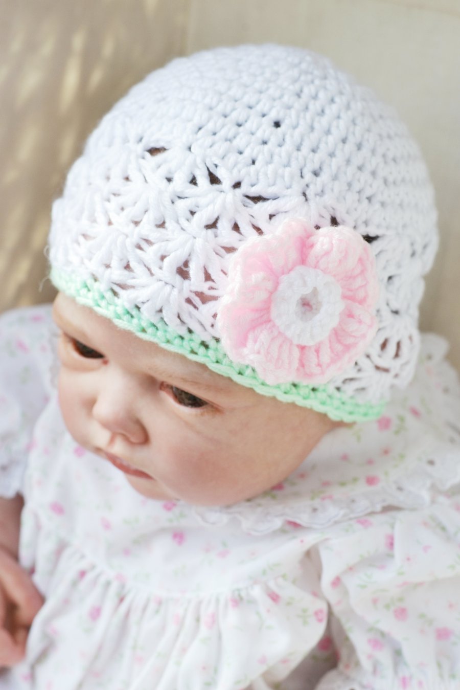 Newborn Girls  White, Mint and Pink Crochet Beanie Hat with Flower