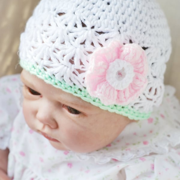 Newborn Girls White, Mint and Pink Crochet Folksy