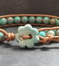 SALE Turquoise jasper and bronze leather bracelet with ceramic flower button  - Image 1