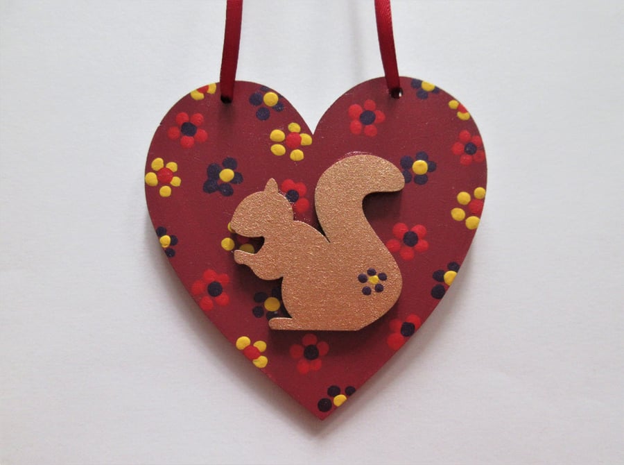 Squirrel Hanging Heart Decoration Hand Painted Ditsy Flowers