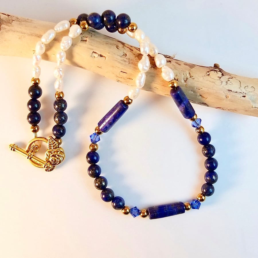 Lapis Lazuli, Freshwater Pearl And Swarovski Crystal Necklace - Free UK Delivery