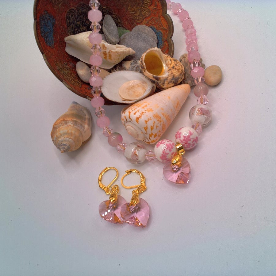 Pink Floral Beads and Pink and White Crystal Necklace with Heart and Earrings