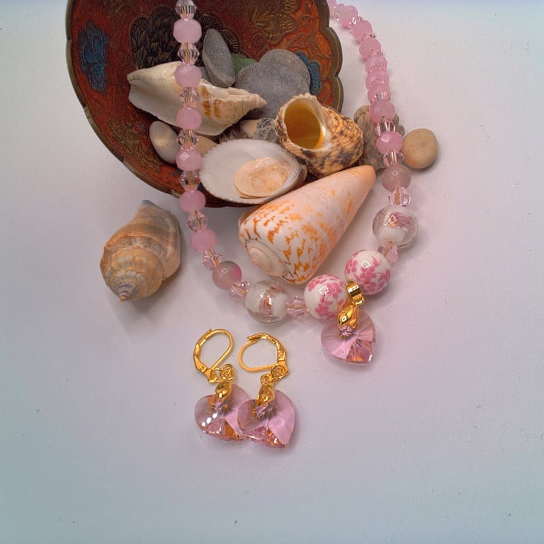 Pink Floral Beads and Pink and White Crystal Necklace with Heart and Earrings