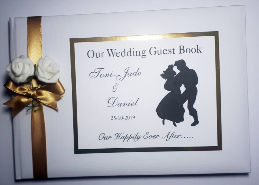 Little Mermaid wedding guest book, gold and white Ariel and Eric wedding book