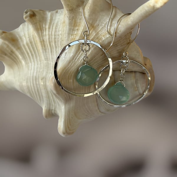 Silver Hoop Earrings With Chalcedony Gemstones