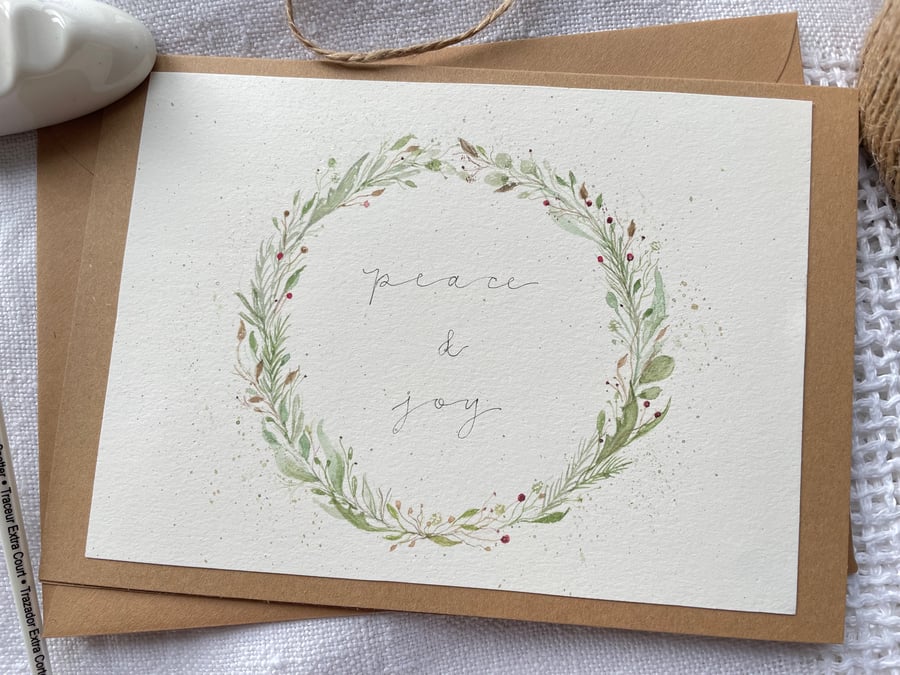 Peace and Joy Watercolour Wreath Christmas Card