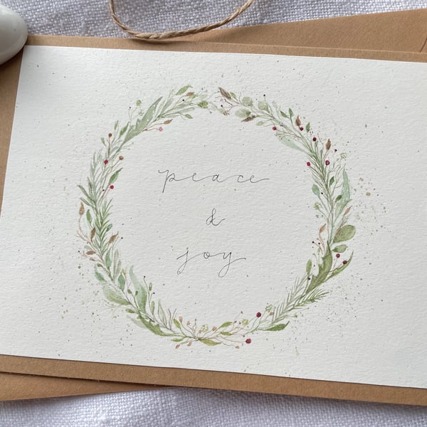 Peace and Joy Watercolour Wreath Christmas Card