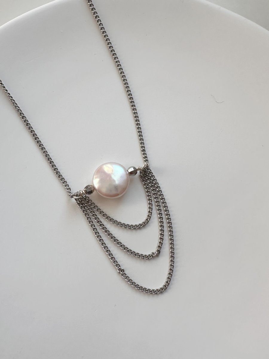 Natural Baroque Button Shape White Pearl, Silver Tassel pendant necklace