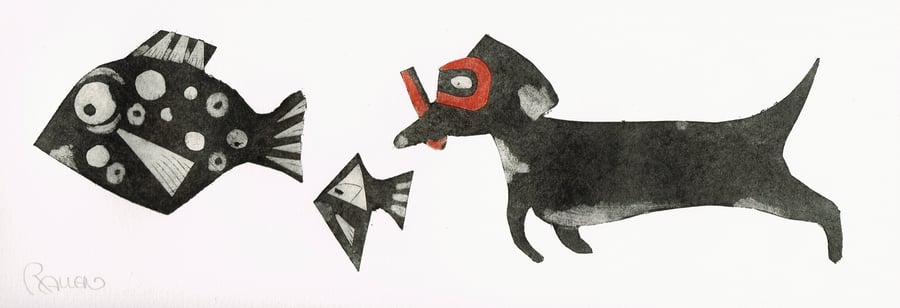 Sausage dog snorkelling collagraph print