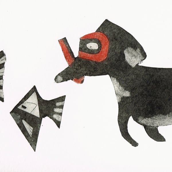 Sausage dog snorkelling collagraph print