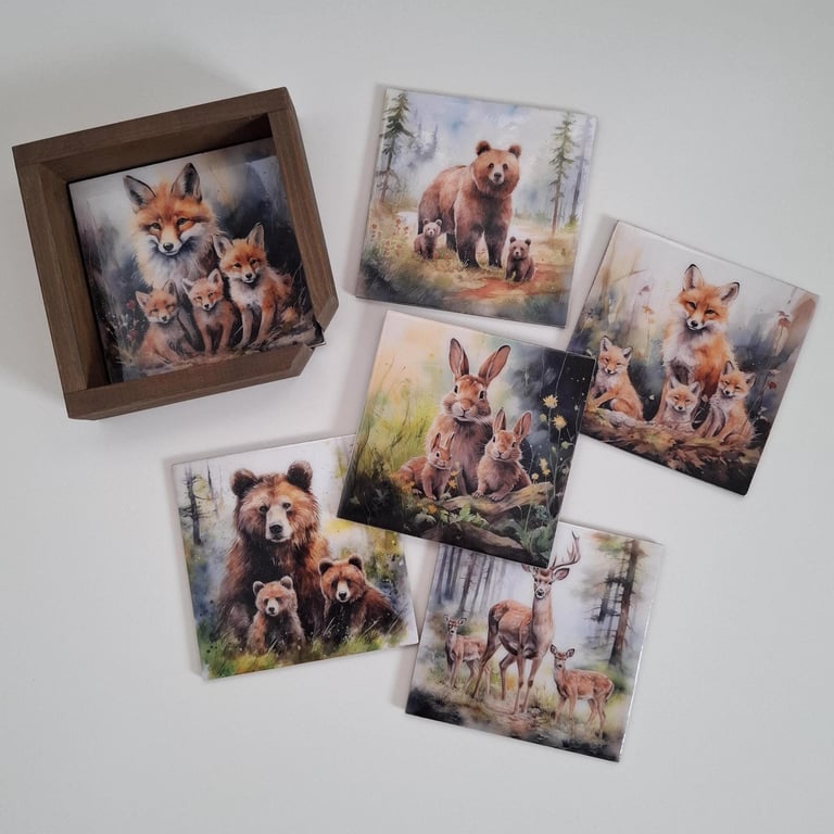 Woodland Animal Coasters Set of Six with Holder Box