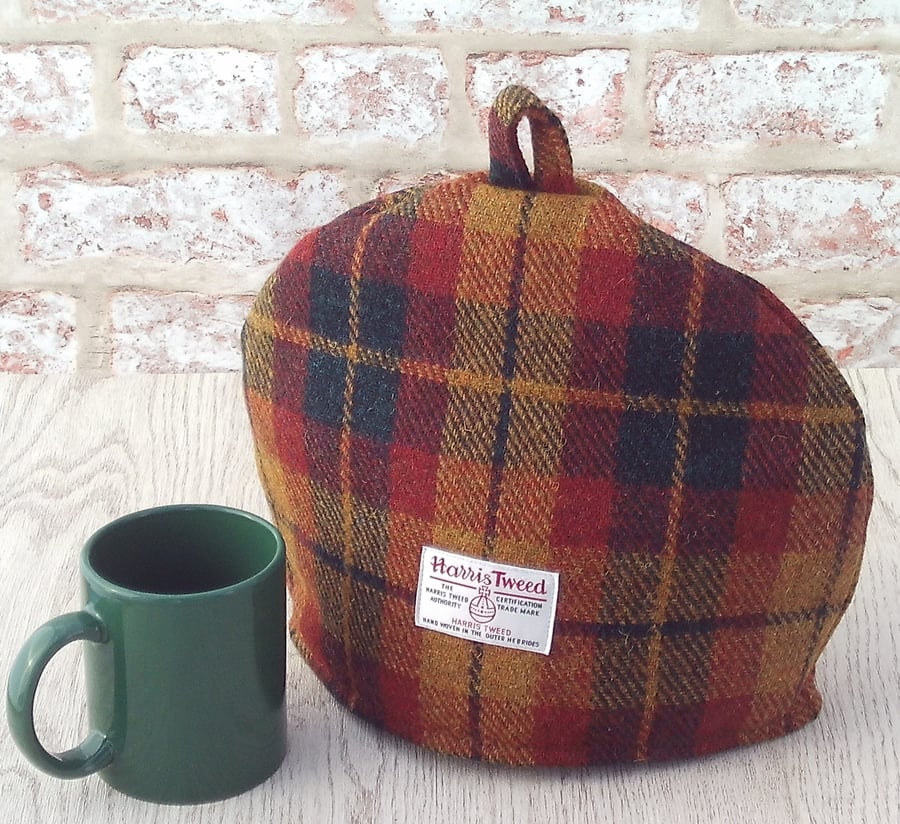 Harris Tweed tea cosy, teapot cover autumn leaf red gold green fabric tea cozy.