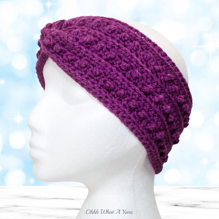 Crochet headband, ear warmer.  Purple twist ear warmer. Plum headband.