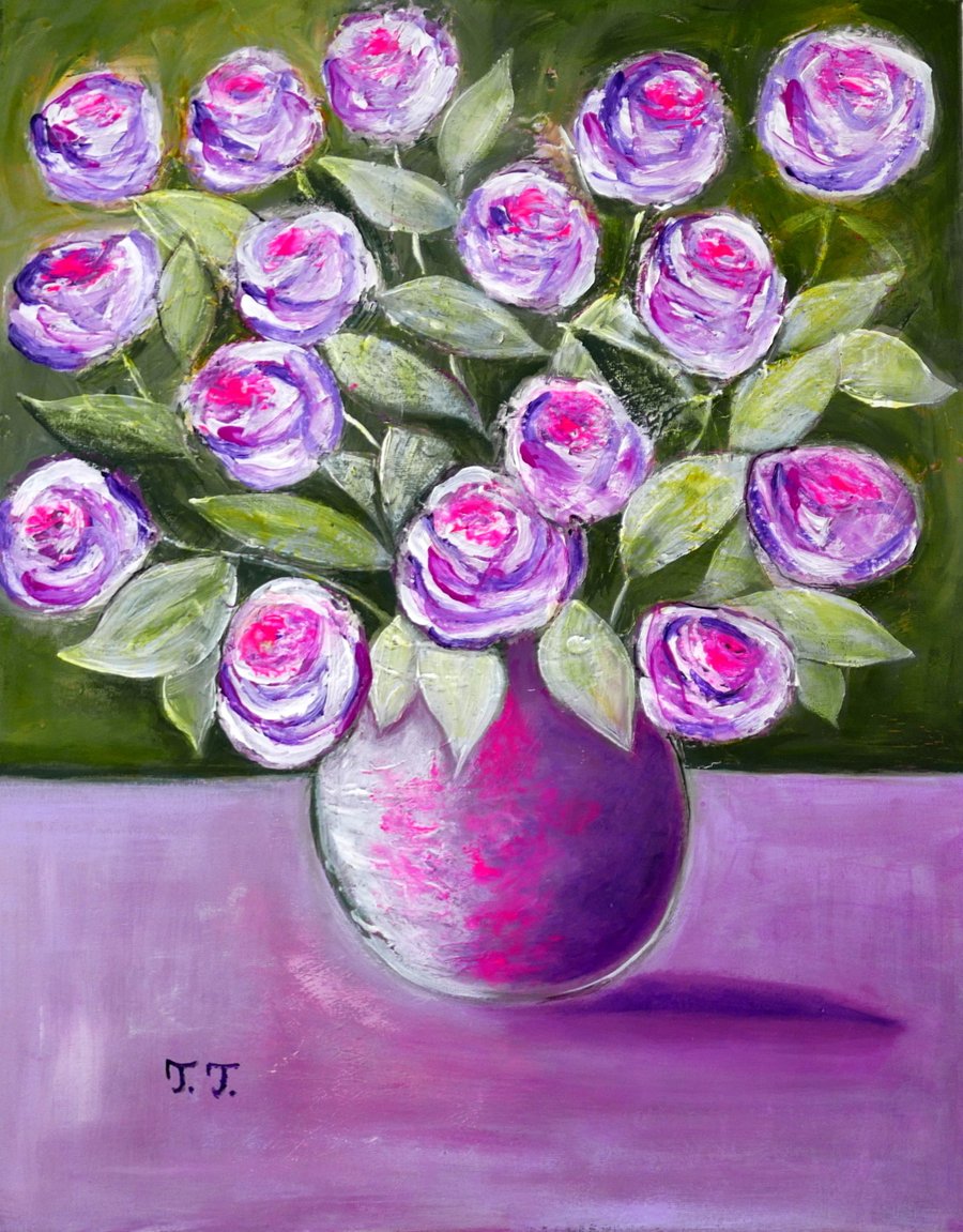Purple Roses Still Life Painting, Contemporary Rose Artwork, Modern Floral Art