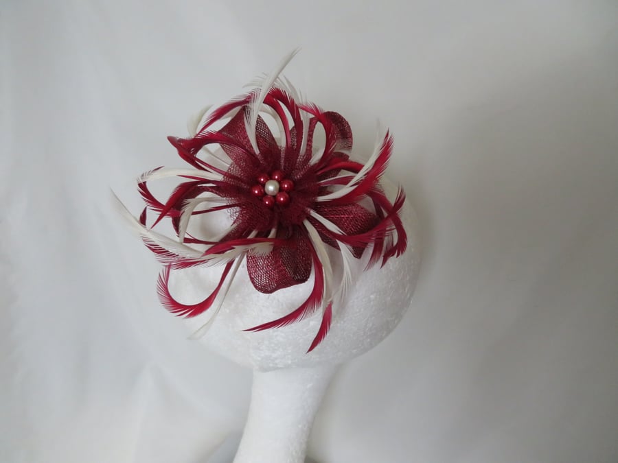 Burgundy Wine and Creamy Ivory Feather and Sinamay Fascinator 