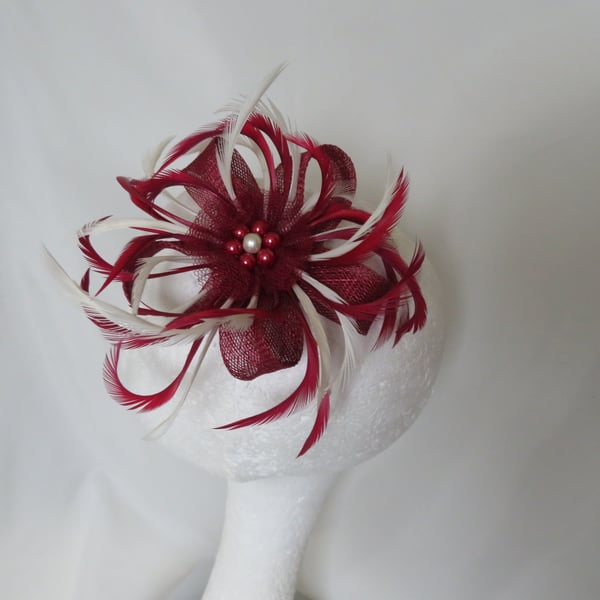 Burgundy Wine and Creamy Ivory Feather and Sinamay Fascinator 