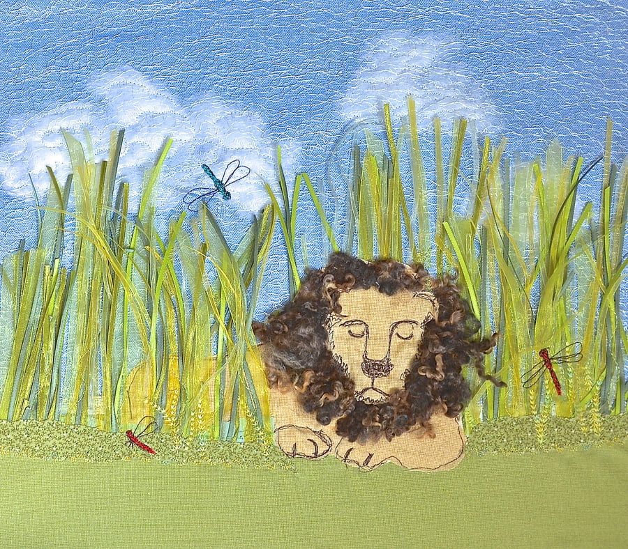 Lion art - large textile embroidered fabric picture
