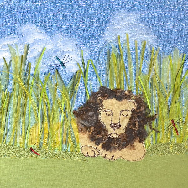 Lion art - large textile embroidered fabric picture