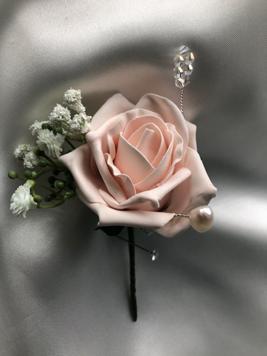 Rose - Crystal & Freshwater Pearl Wedding Boutonniere Butttonhole 
