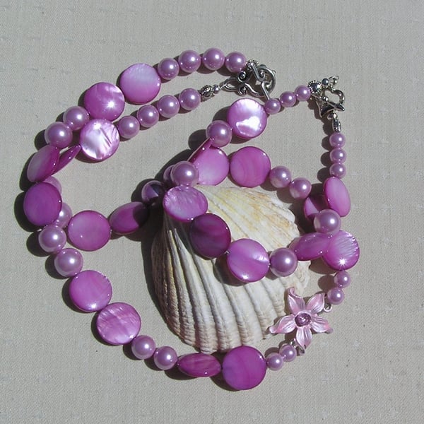 SALE - Hot Pink Necklace & Bracelet Set, Pink Shell and Mother of Pearl