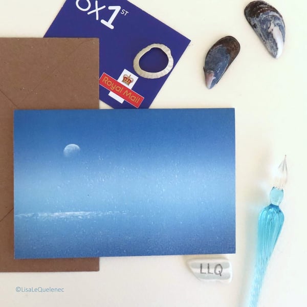 Moon over the sea blank greeting card, notelet, notecard, cellophane free