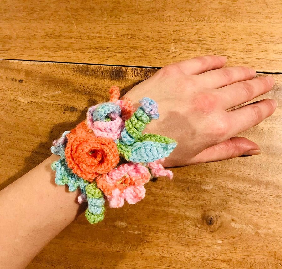 Hand crochet colorful flowered bracelet-gift for her crochet woman accessories