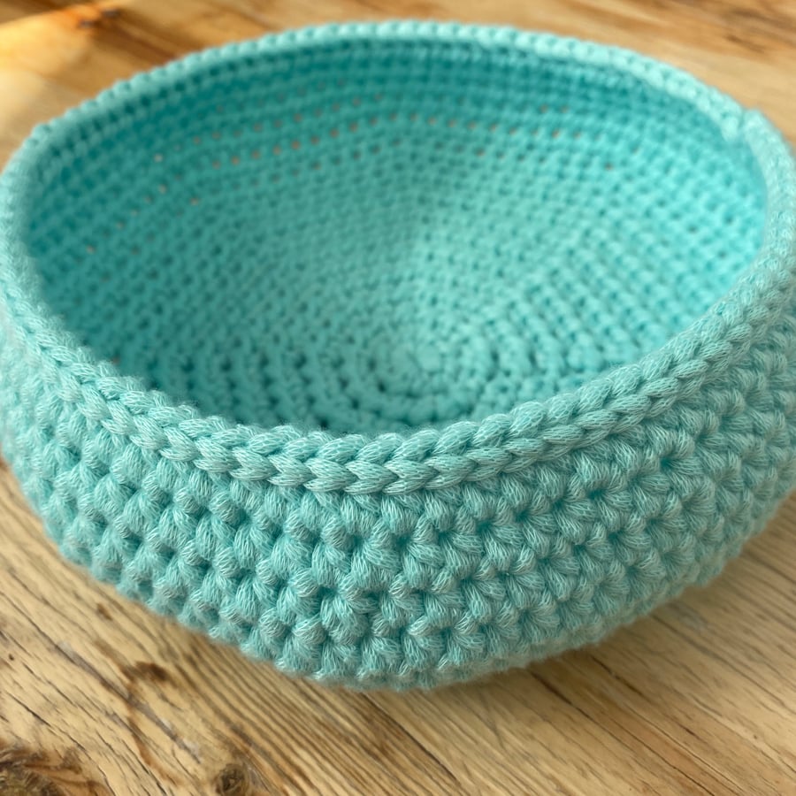 Crochet bowl, basket in aqua
