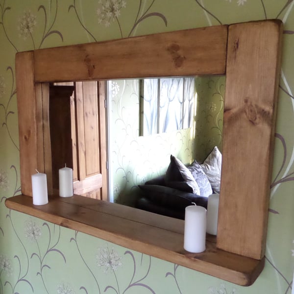 Hand made chunky bespoke rustic solid wood mirror with candle shelf 