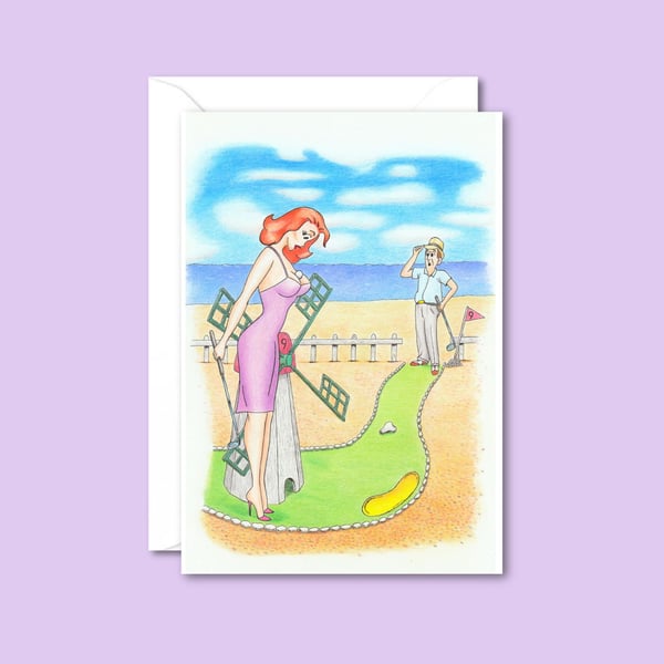 Crazy Golf Greetings Card & Envelope: Funny Seaside Humour Artwork (4x6)