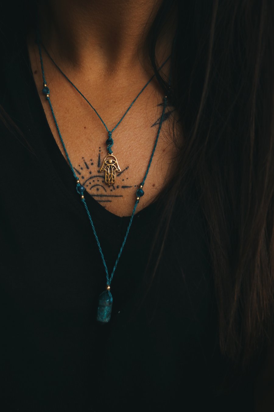 Women's adjustable double  Necklace with Apatite and hamsa hand brass charm
