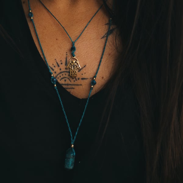 Women's adjustable double  Necklace with Apatite and hamsa hand brass charm