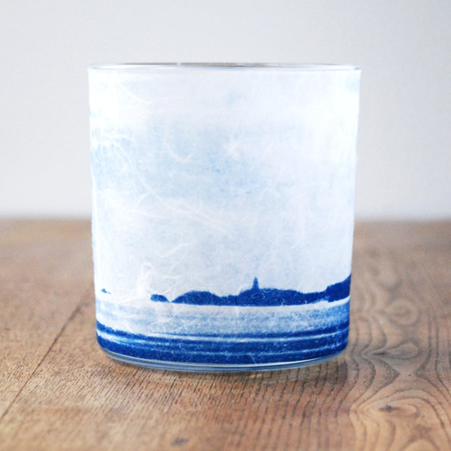 Delicate Llanddwyn Silhouette candle holder blue & white Welsh Seascape Anglesey