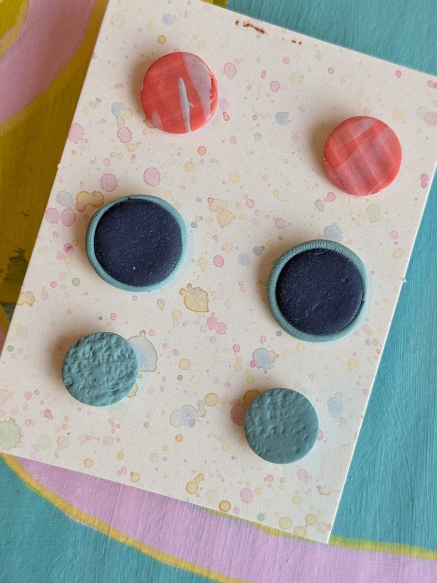 Set of 3 polymer clay stud earrings - in orange, navy and blue