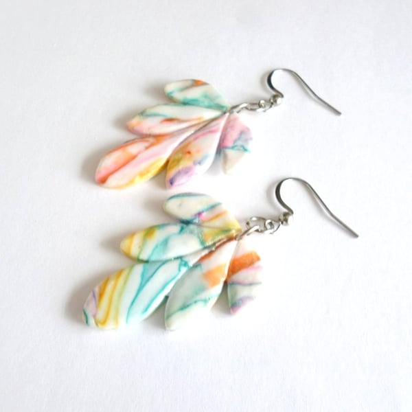 Handmade Multi-Colour Polymer Clay Leaf Earrings with Stainless Steel Hooks