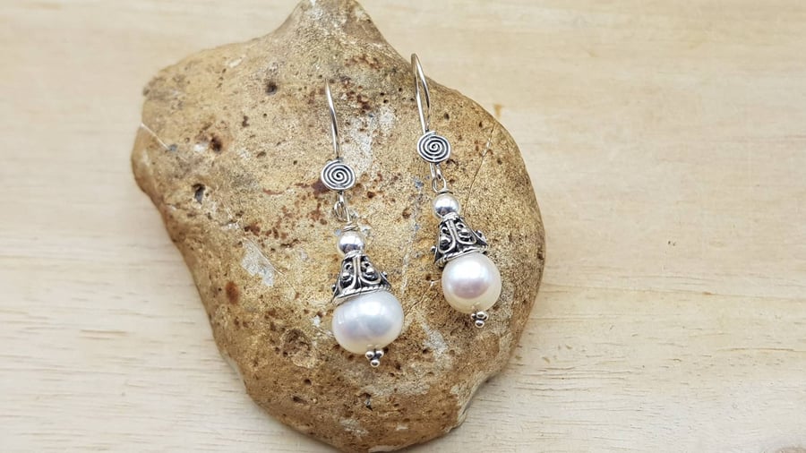Fresh water pearl cone earrings. June Birthstone. 30th anniversary