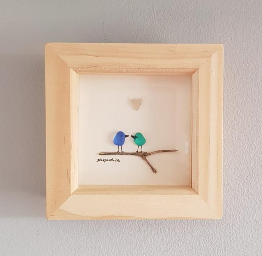 Mini Love Birds - Sea Glass Picture - Framed Unique Handmade Art