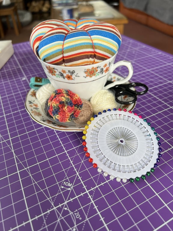 Vintage Teacup Pin Cushion and Sewing Set