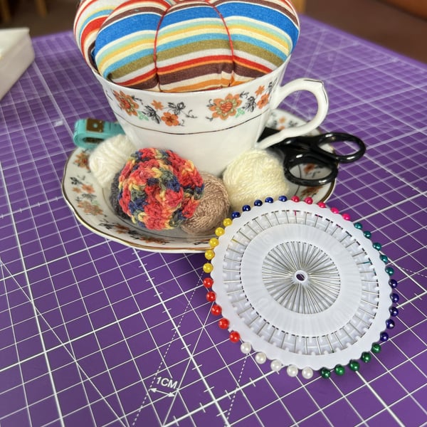 Vintage Teacup Pin Cushion and Sewing Set