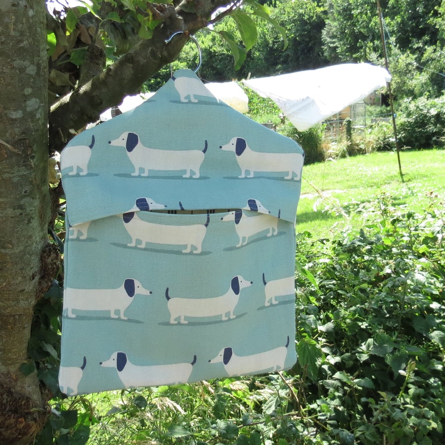 Lined peg bag. A peg bag with a sausage dog design.  Peg Storage. 