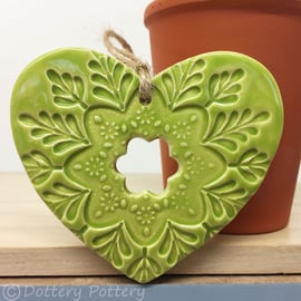 Ceramic heart hanging decoration Pottery Heart Folk art love heart GREEN