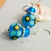 Turquoise Glass Bead Earrings, Etched, Blue, Artisan Lampwork, Sterling Silver 